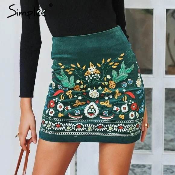 NWT SIMPLEE Embroidered Corduroy High Waist Skirt XL - Picture 4 of 14